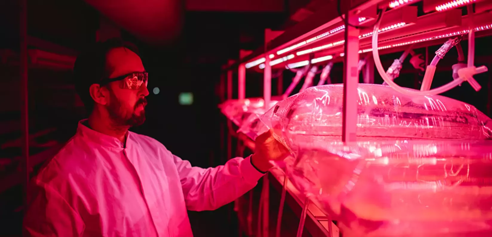 A scientist in protective eyewear and a lab coat examines a plant chamber under bright red LED lights